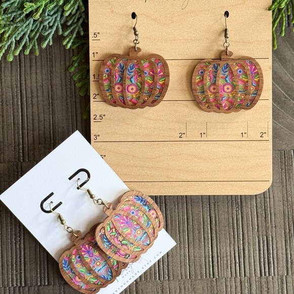 Layered Pumpkin Earrings - Spanish Floral Acrylic and Wood - Autumn Statement - Picture 2 of 2